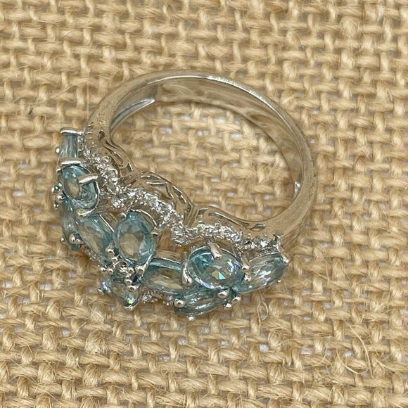 Blue Zircon & White Topaz Flower Ring Sterling Silver Sz 9   7.01ct - Picture 6 of 10